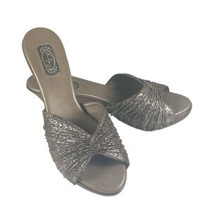 Salpy Brown and Gold Leather and Wood Leaf Slide Sandals Size 8 EUC Resort EUC